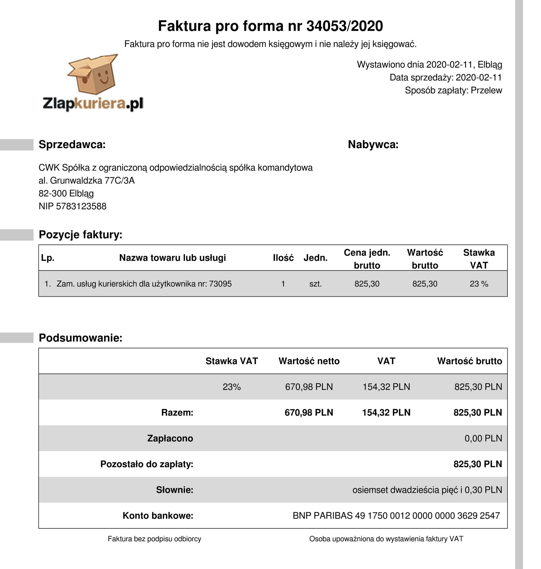 Zlap Kuriera - pro forma